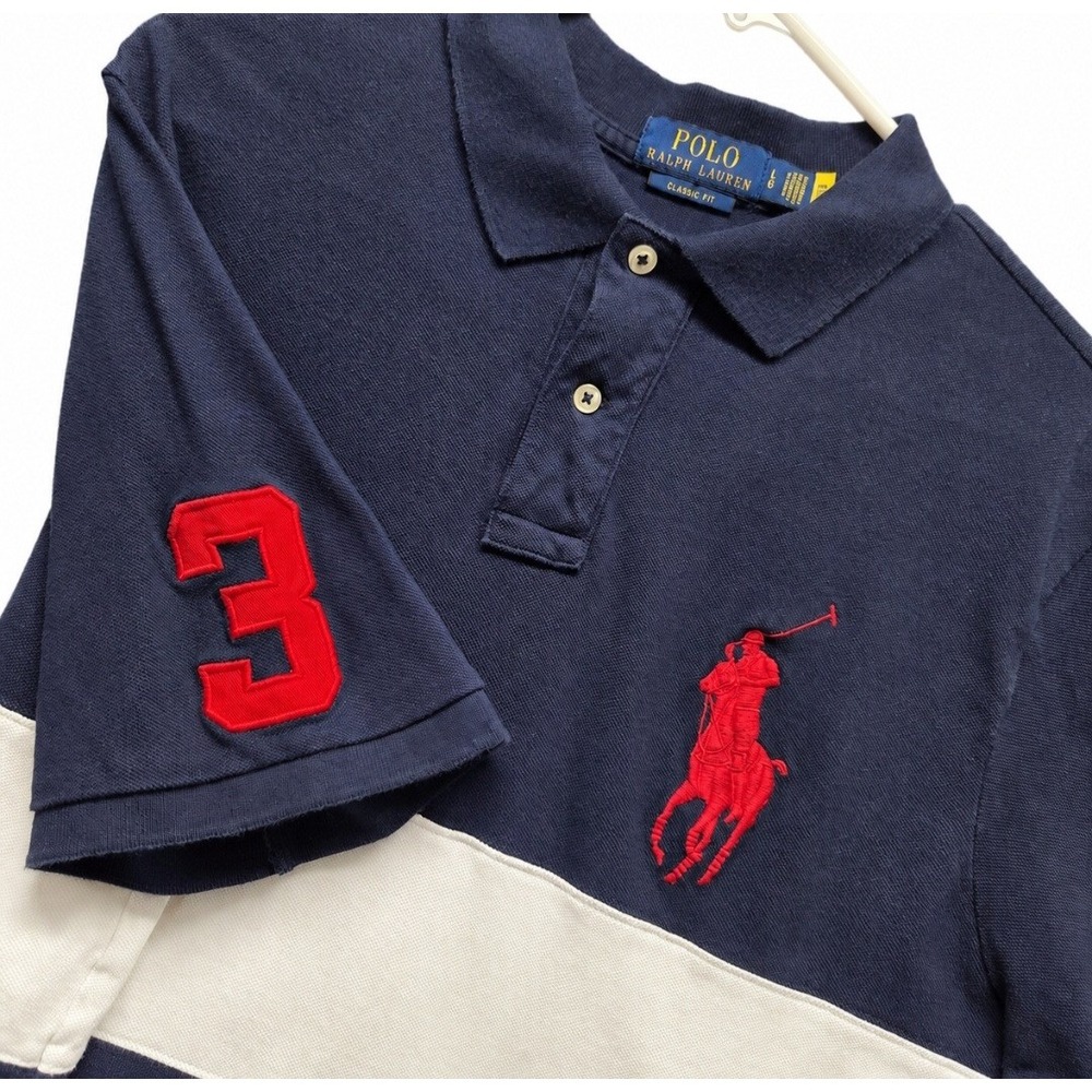 Polo Ralph Lauren Big Pony #3 Polo Shirt Large Navy Blue White Colorblock Preppy